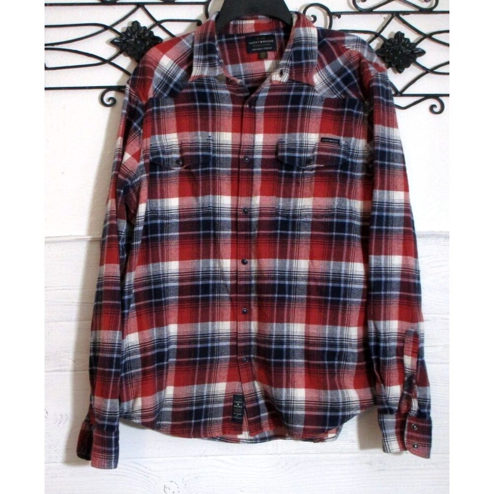 Lucky Brand Flannel Snap Up Shirt Men's Size L Multicolor Plaid Long Sleeve